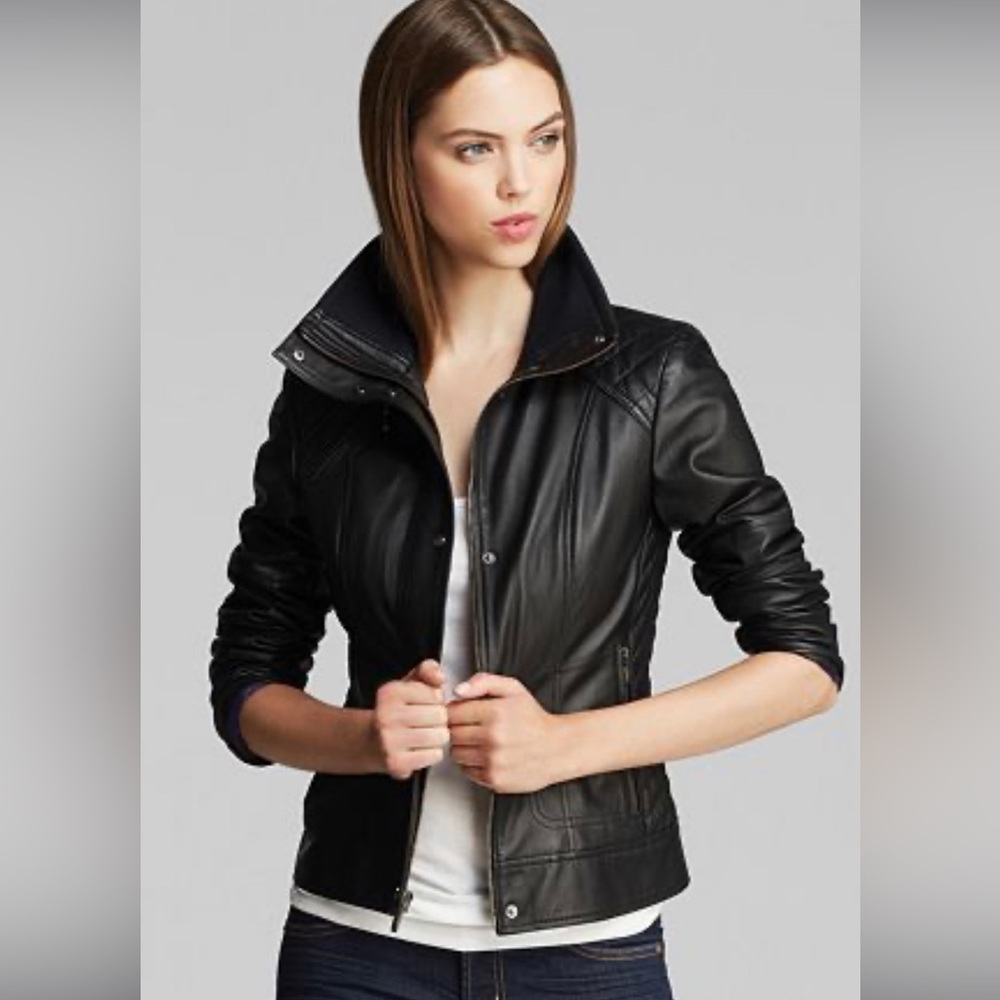 Cole Haan Black Genuine Lambskin Leather Diamond Quilted Moto Jacket Size XS